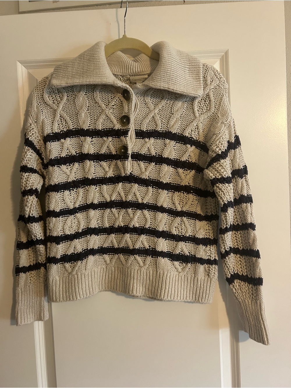 Garnet Hill cable-Knit Collared Stripe Sweater - Cream & navy